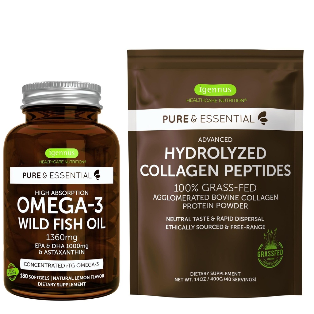 Olio di pesce selvatico Omega-3 ad alto assorbimento 1360mg & Peptidi di collagene idrolizzato avanzato Bundle, 1000mg EPA & DHA con Astaxanthin & 100% polvere di proteine di collagene di erba Fed Bovine, di Igennus