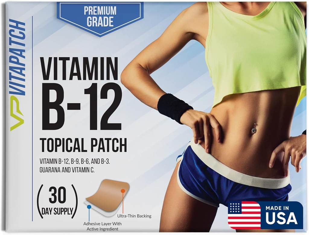 Premium Grade B12 Patches 30 giorni Alimentazione B12 Patch – Realizzato con vitamina B12 Methylcobalamin per l'energia e la vitamina Guarana - 100% Made in USA