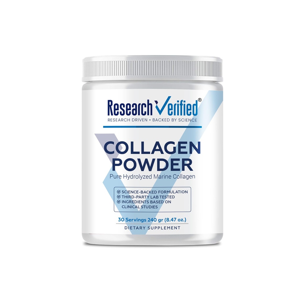 Ricerca Verified® Collagen Powder - Collage marino idrolizzato - non aromatizzato - idratazione della pelle ed elasticità, recupero del muscolo, non OGM - 30 Scoops per contenitore - 1 mese di fornitura