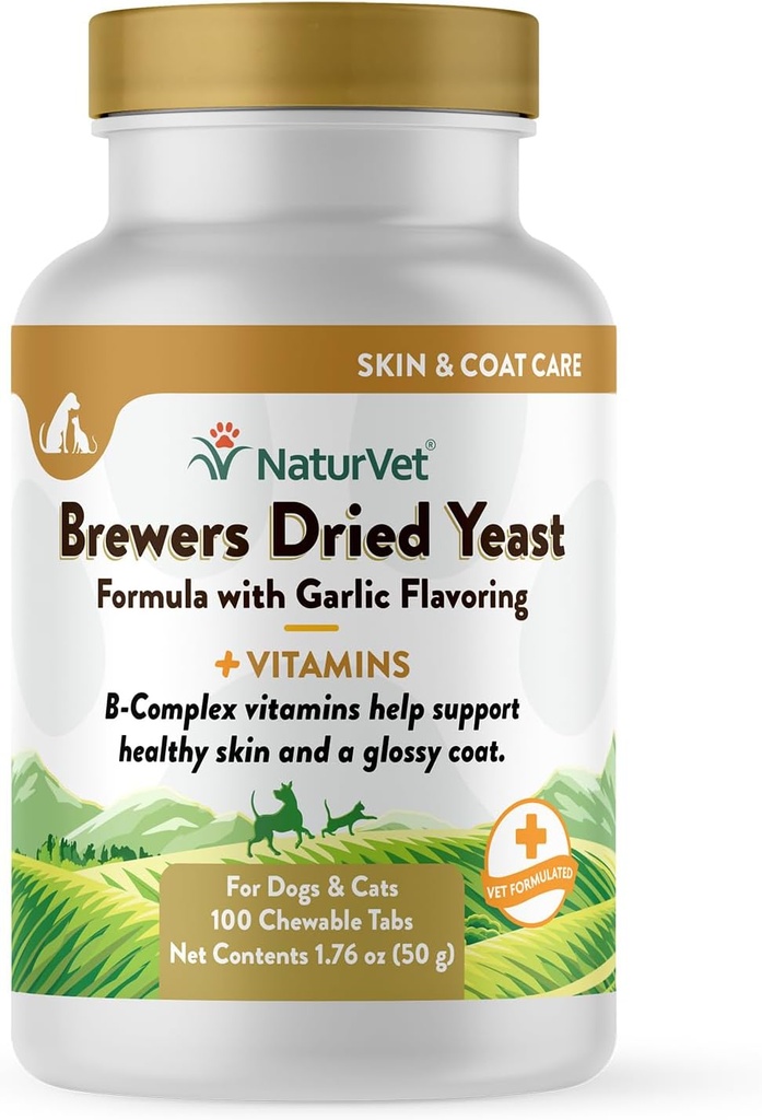 NaturVet Brewers Dried Yeast Formula con aglio Flavoring Plus Vitamine per cani e gatti, Chewable Tablets, Made in the USA with Globally Source Ingredients 100 Count