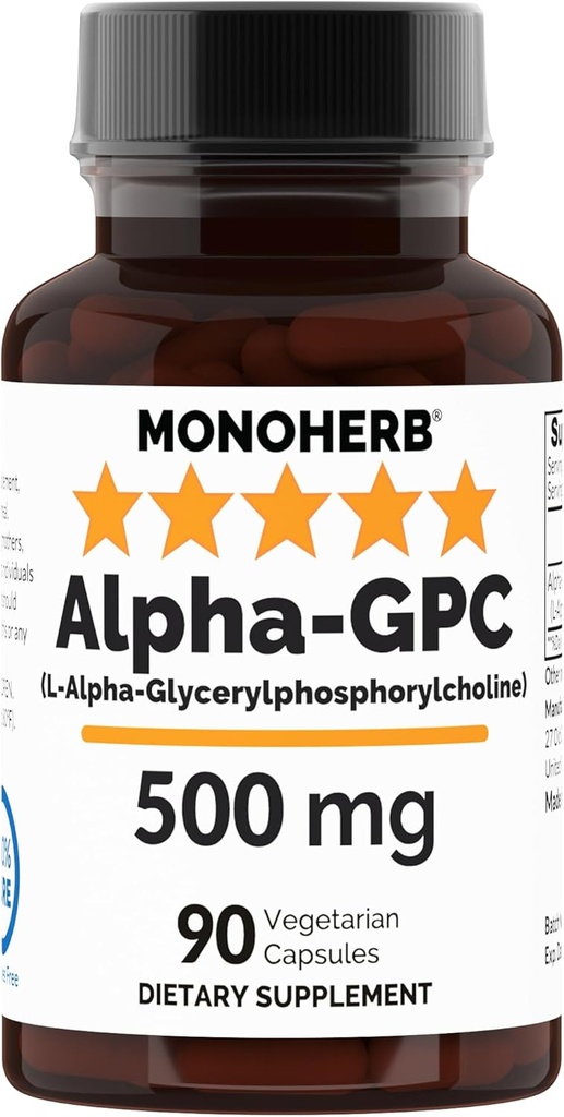 MONOHERB Alpha-GPC 500 mg - 90 capsule vegane, Nootropic per il supporto del cervello, messa a fuoco, memoria, motivazione ed energia