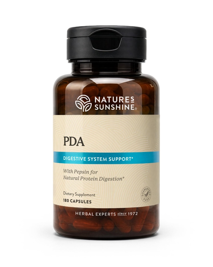 La combinazione di Sunshine PDA, 180 capsule | acido cloridrico e supplemento di pepsina che aiuta a rompere le proteine nel tratto digestivo