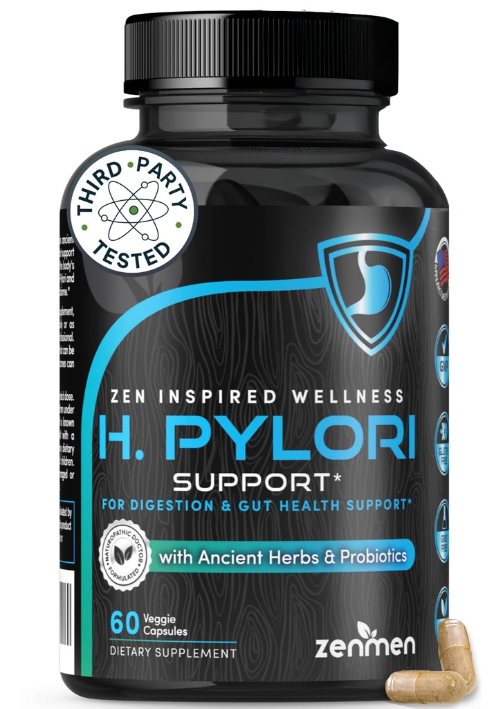 Zenmen H. Pylori Supporto | Lactobacillus Reuteri Probiotico con gomma mastica per digestione & GI Salute - Terze Parti Testata, 60 capsule vegane, Made in the USA