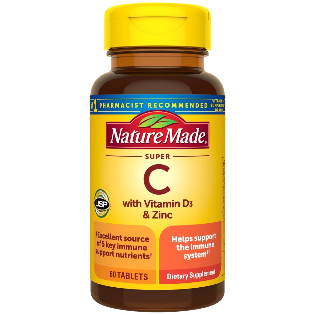 Natura Super C, Vitamina C e Zinco con Vitamina D3, Integratore alimentare per Supporto Immune, 60 Compresse, alimentazione di 60 giorni