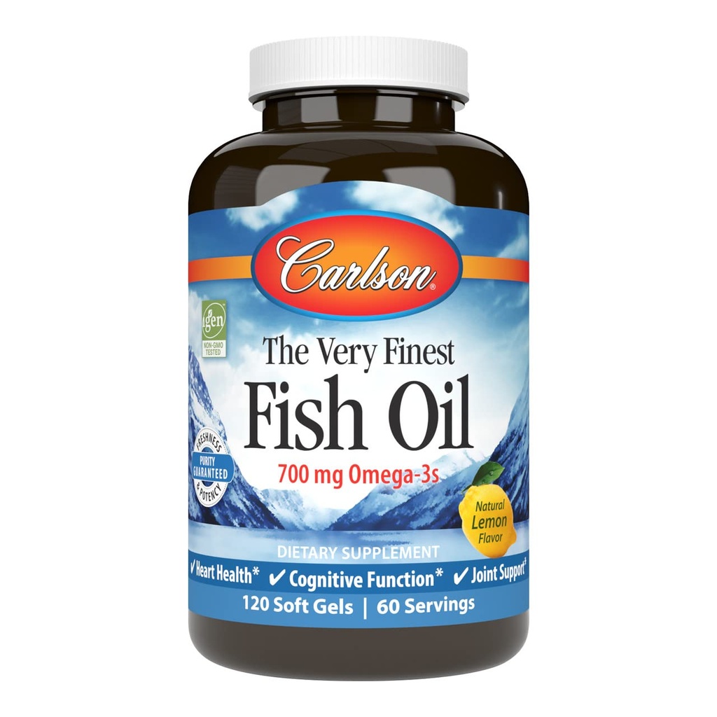 Carlson - L'olio di pesce molto più fine, 700 mg Omega-3s, integratore di olio di pesce norvegese, olio di pesce selvatico Caught Omega-3 Fish Oil, Sustainably Sourced Fish Oil capsule, Omega 3 Supplemento, limone, 120 Softgels