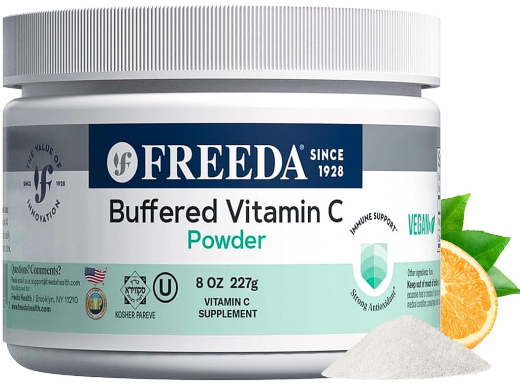 FREEDA Polvere tamponata di vitamina C (ascorbato di calcio) – Non acidico, Stomach-Friendly vitamina C per gli individui sensibili – Vegan, Kosher, Supporto immunitario senza zucchero – 8 oz
