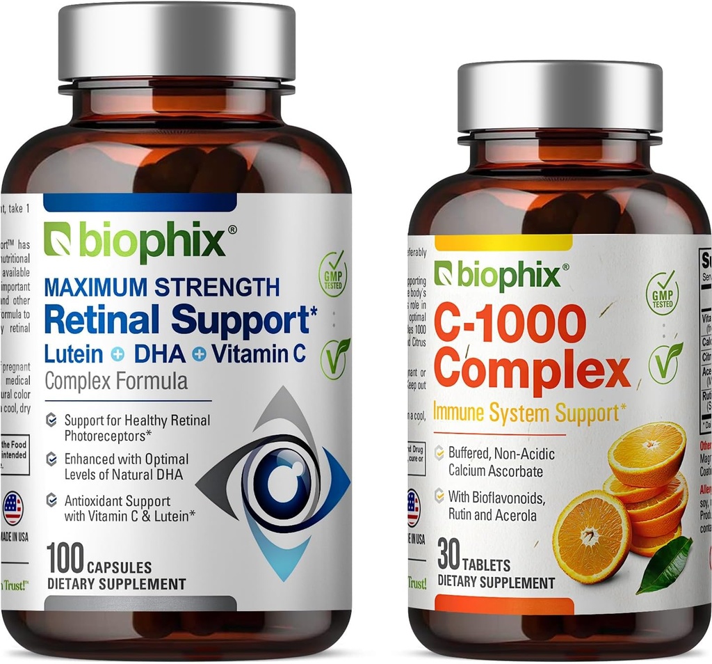 biophix Retinal Support Maximum Strength Complex Formula 100 Capsules - Free C-1000 30 Tablets - Zinc Vitamin C E Lutein DHA Omega-3 Astaxantina Acido Ialuronico - Supporta la salute della visione dell'occhio