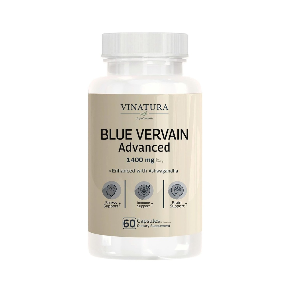 VINATURA Blue Vervain Avanzato con Ashwagandha - 1400mg per serv, Blue Vervain Capsules, Blue Vervain Tea Alternative, Salute cerebrale, Stress Relief, Ashwagandha Supplements - 60 Capsule