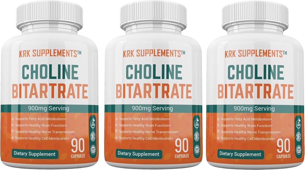 3 bottiglie Choline Bitartrate 900mg Per servire 270 capsule totali KRK Integratori