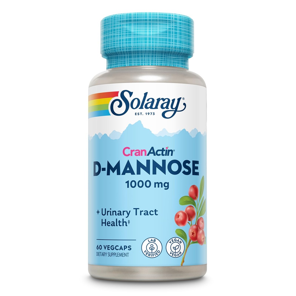 Solaray D-Mannose 1000mg con estratto di mirtillo di CranActin - D Integratore di mirtilli di mannosio con vitamina C - Supporta il tratto urinario e la salute della vescica - Vegan, garanzia di 60 giorni, 30 Serve, 60 VegCaps