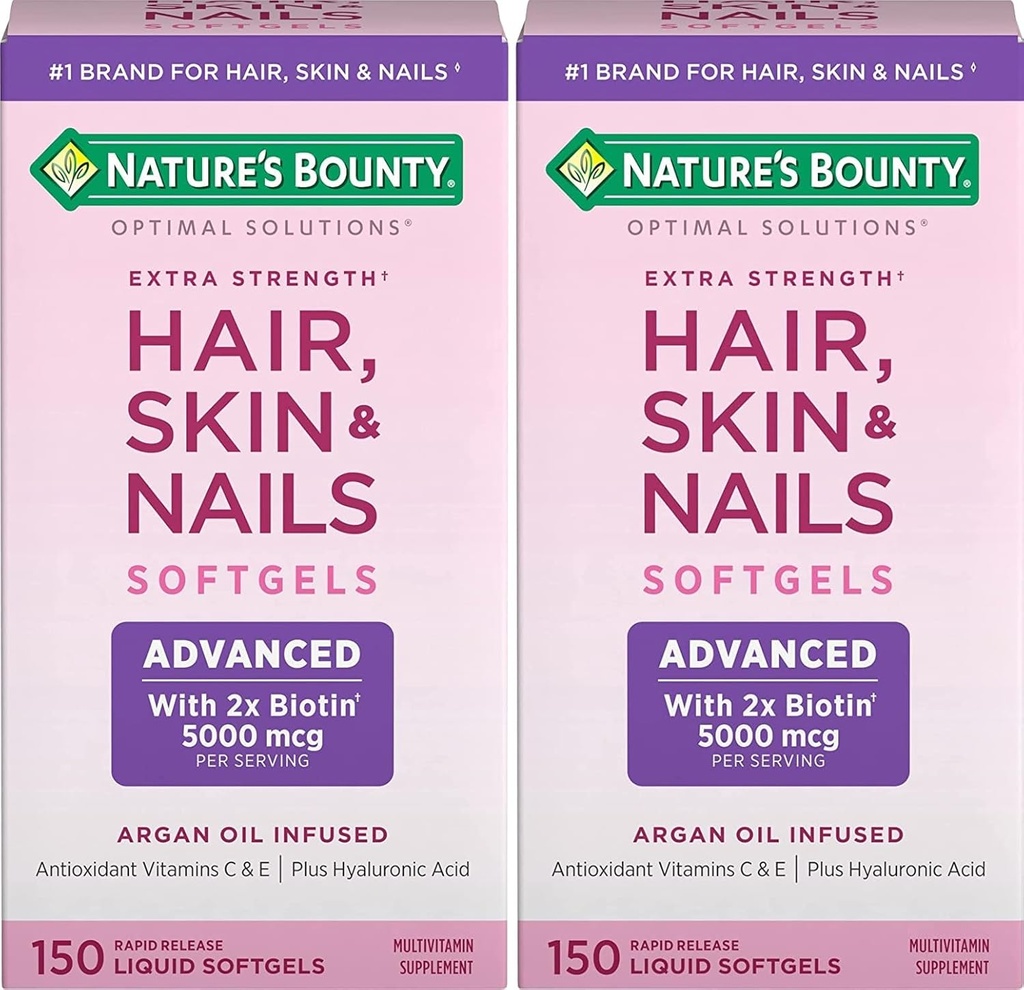Capelli Bounty della natura, Morbidi di rilascio rapido della pelle e delle unghie, Integratore di vitamina Argan-infuso con acido biotina e ialuronico, Supporta capelli, pelle e salute delle unghie per le donne, 150 conteggio (Pack of 2)