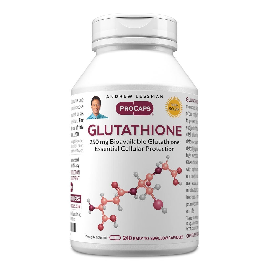 ANDREW LESSMAN Glutathione 250 mg - 240 capsule - potente antiossidante, riduce lo stress ossidativo. Biodisponibile, protegge le cellule, i tessuti, gli organi. Supporta la salute immunitaria. Capsule facili da asporto.