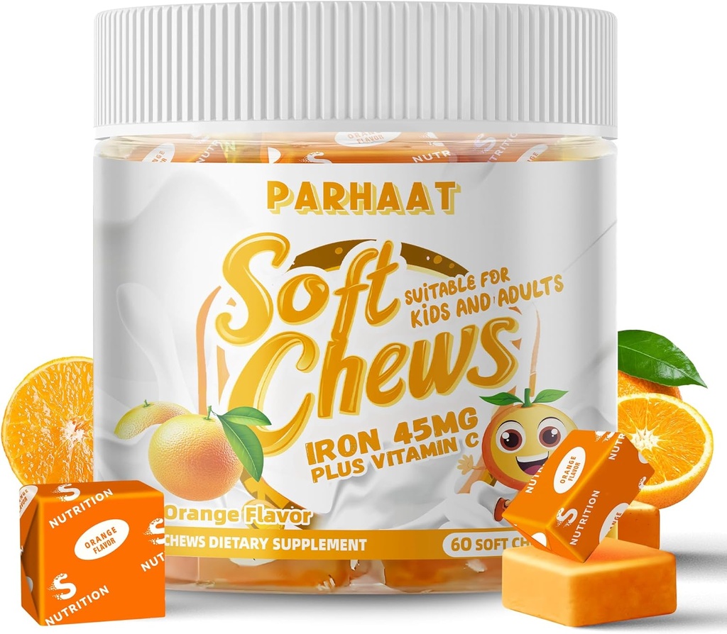 Ferro morbido masticare supplemento con vitamina C | Arancione aromatizzato | Gluten Free | Ferro supplemento per donne uomini e bambini | 60 conte | 2 mesi di alimentazione