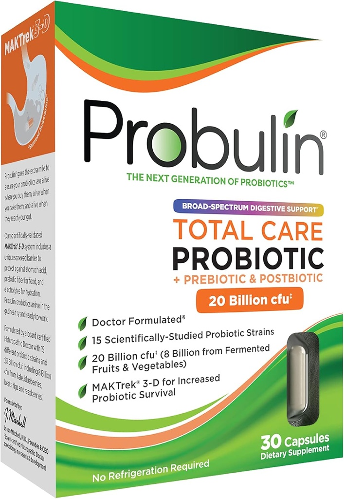 Probulin Total Care Probiotici Supplemento, Daily Gut, Digestivo e Immune Salute Probiotici Capsule per Uomini e Donne, 20 miliardi di CFU, Vegan, 30 Conte Box