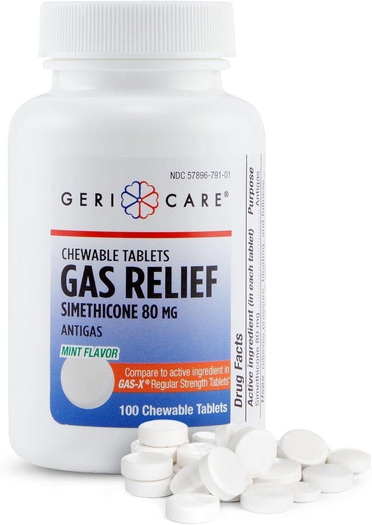 GeriCare Simethicone Chewable Gas-Relief Tablets 80mg | Fast Relief for Gas, Bloating, Discomfort | Mint-Flavored | Rilievo Orale Adulto Gas Pain | Anti-Flatulence Aid (100 compresse) 2 Pack