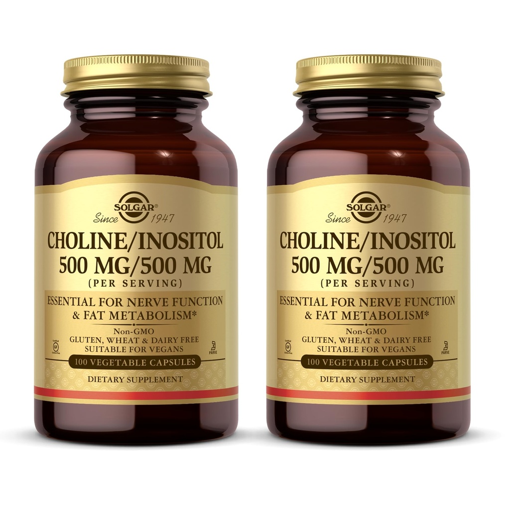 Solgar Choline/Inositol 500 mg/500 mg, 100 capsule vegetali (Pack of 2) - Metabolismo energetico, salute del fegato, essenziale per il cervello & Nerve Funzione - Non-GMO, Vegan, Kosher - 100 Total Servings