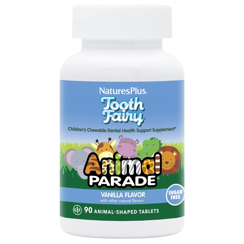 Natures Plus Animal Parade Tooth Fairy Bambini Chewables - Natural Vanilla Flavor - 90 Animal-Shaped Tablets - Dental Health Supplement - Vegetariano, Gluten Free - 45 Serve