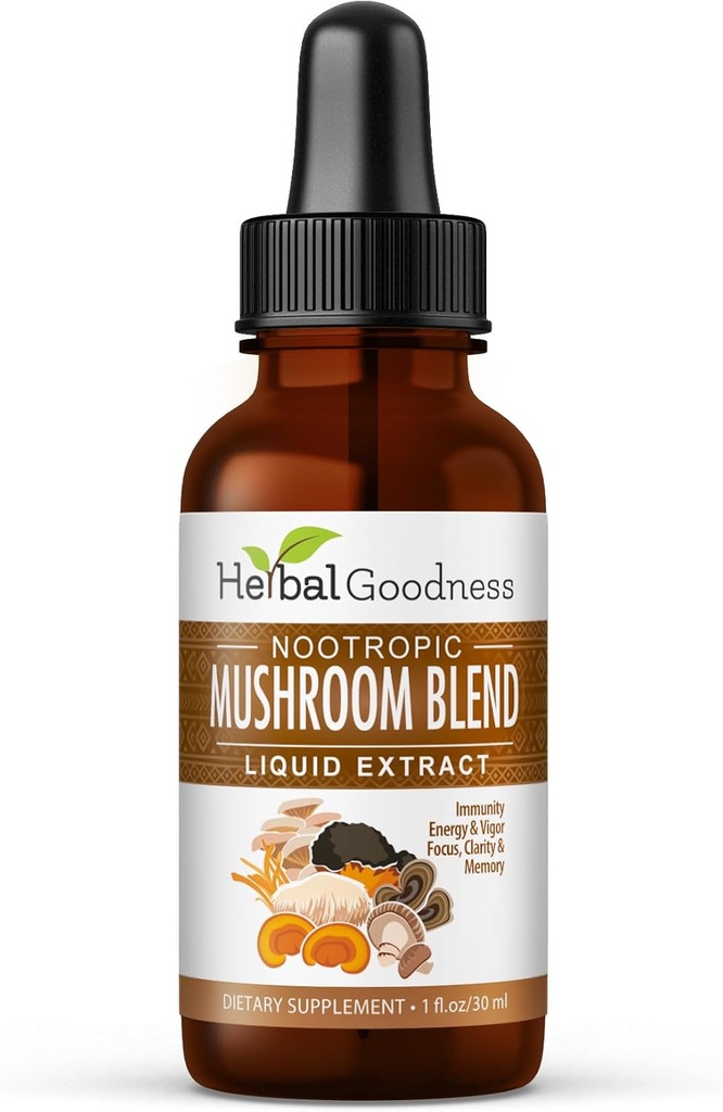 Nootropic 8-in-1 Mushroom Extract Liquid - 1 fl. oz Bottiglia | Lion's Mane, Reishi, Turchia Tail, Cordyceps, Chaga, Maitake, Shiitake & Oyster Mushroom Tincture | Supporto immunitario & Funzione cognitiva