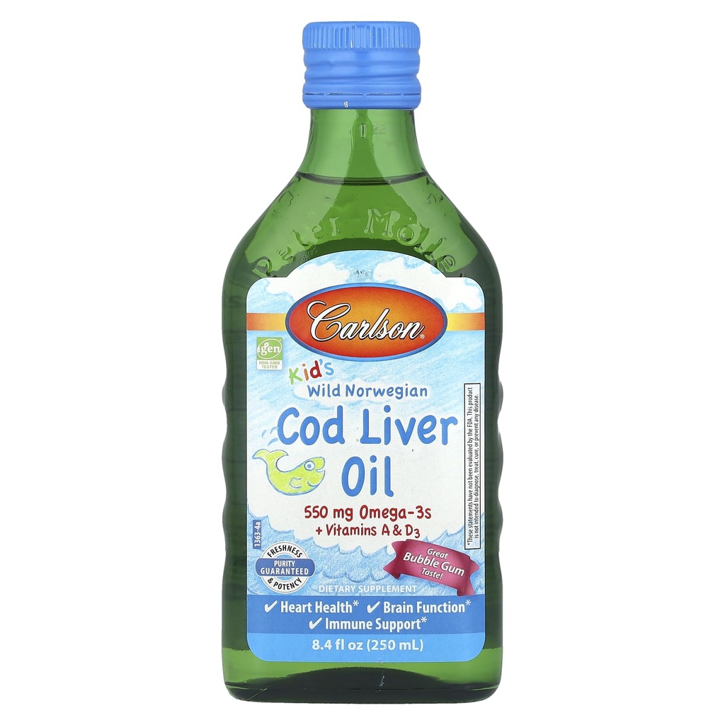 Carlson Kid's Wild Norwegian, Cod Liver Oil + Vitamine A & D3, Bubble Gum, 8.4 fl oz (250 ml)