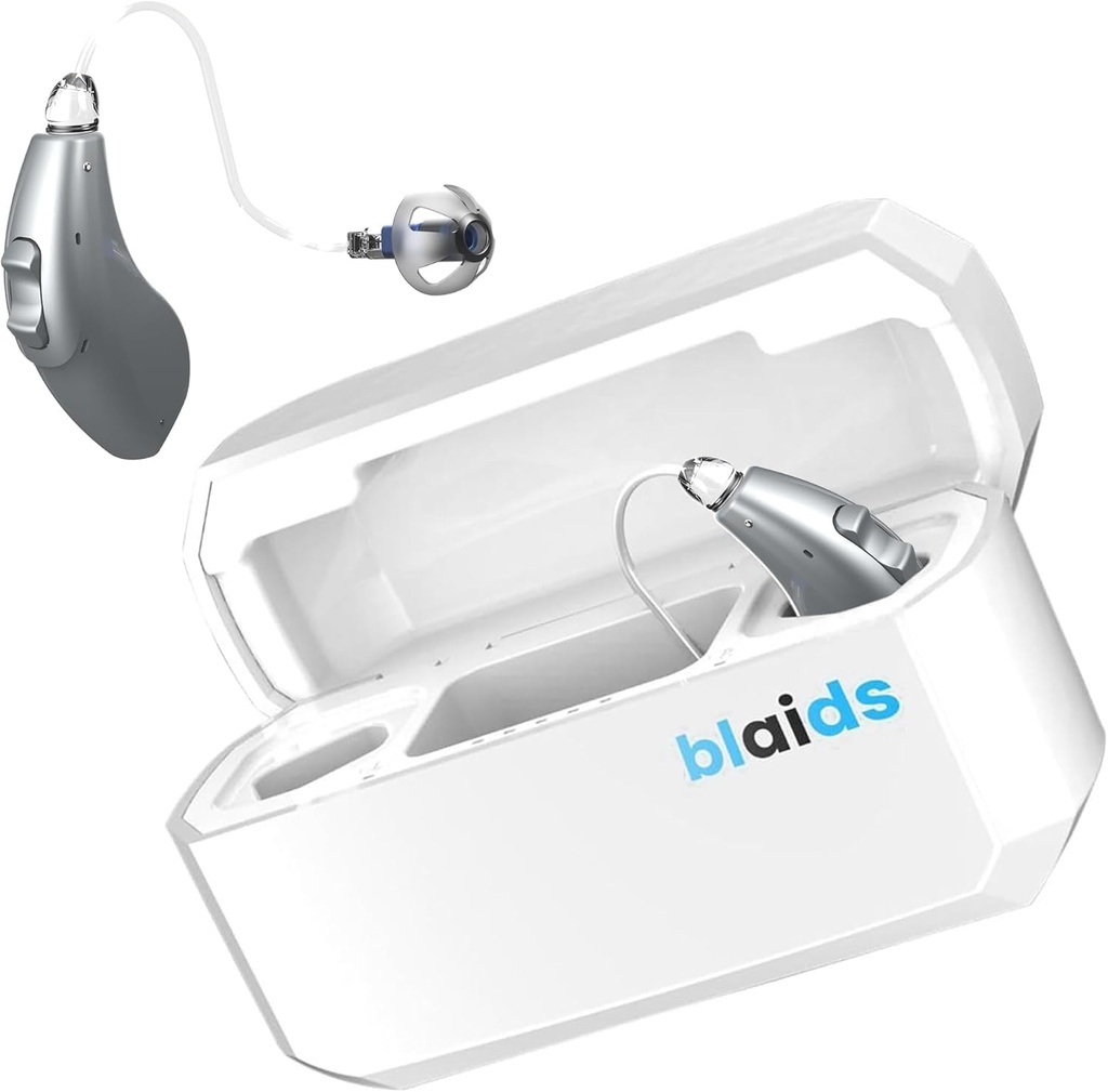BlaidsX Neuro ricaricabile RIC + apparecchi acustici programmabili per adulti con prova acustica mobile App & Noise Cancellazione, apparecchi acustici per anziani, Dual Mic & 96 canali DSP. Processore USA-Made