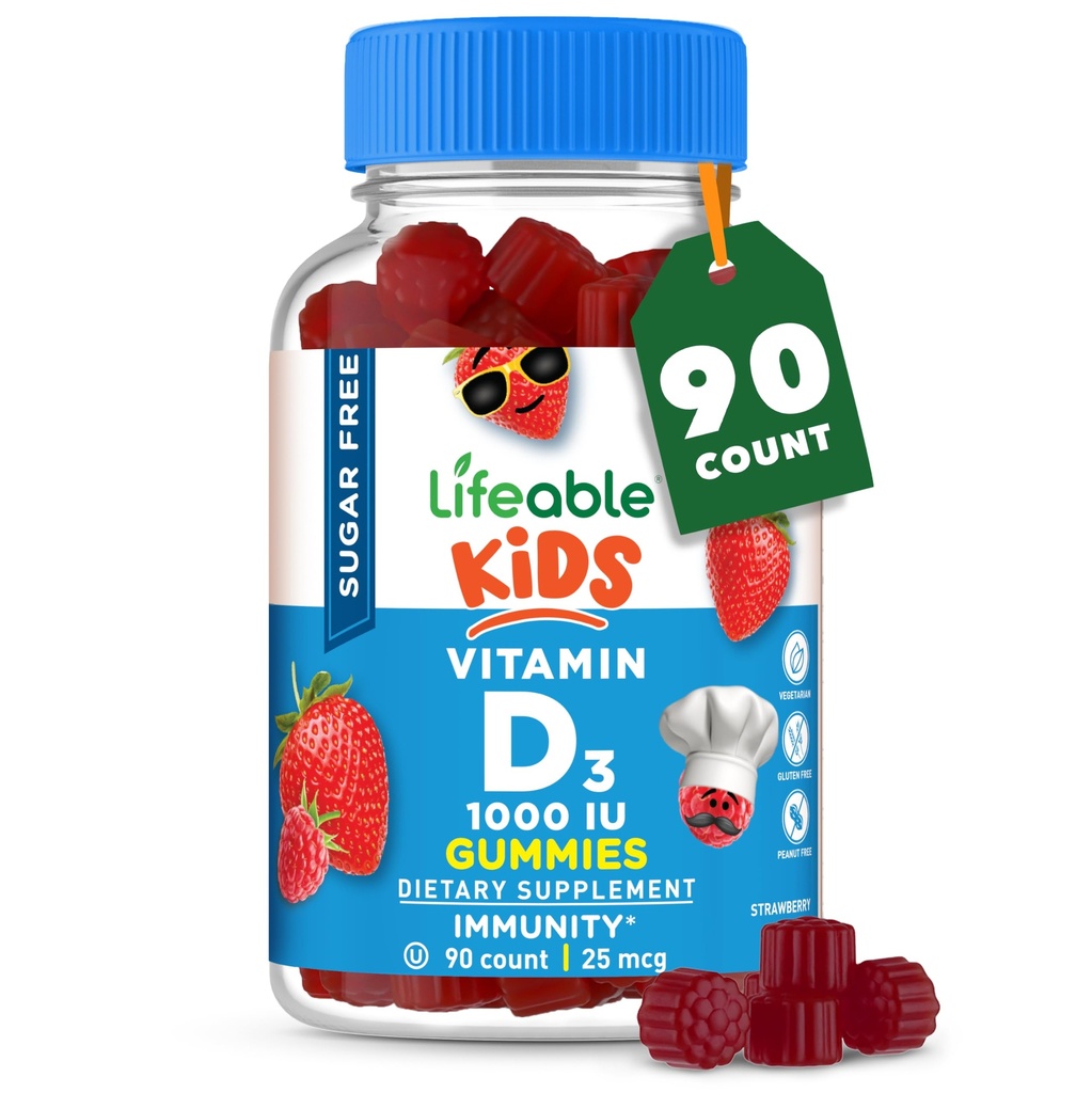 Vitamina D per bambini 1000 UI – Grande Tasting Natural Flavor Gummy Supplement – Gluten Free Vegetarian Chewable – per le ossa forti e sane, per i bambini, adolescenti, Toddler, 90 Gummies