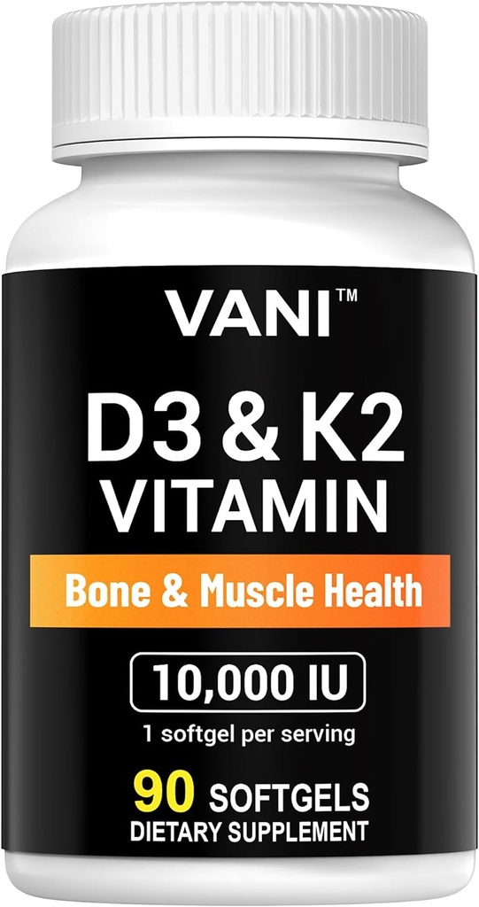 VANI Vitamine D3 (10000iu/250mcg) + K2 (come Mk7), per la salute di ossa e muscoli e denti, 90 SOFTGELS