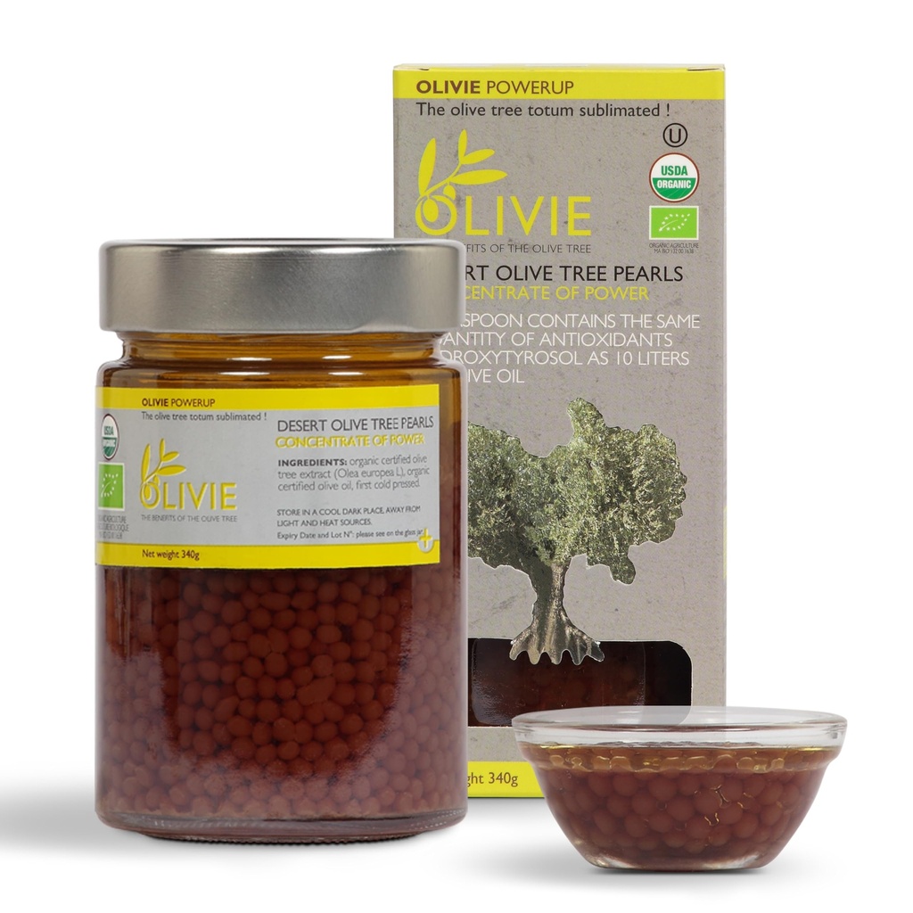 Estratto di foglie di ulivo biologico, Perle PowerUp di OLIVIE, Integratore di polifenoli antiossidante, Olio di oliva Scrub per la pelle, Supporto immunitario, 340g