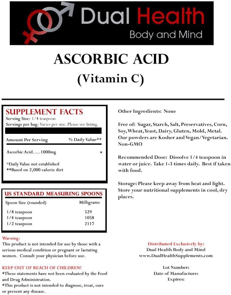 Dual Health Body & Mind 1 (1 lb) Bag of Each Ascorbic Acid (Vitamin C) & MSM (Methylsulfonylmethane) Powder Combo