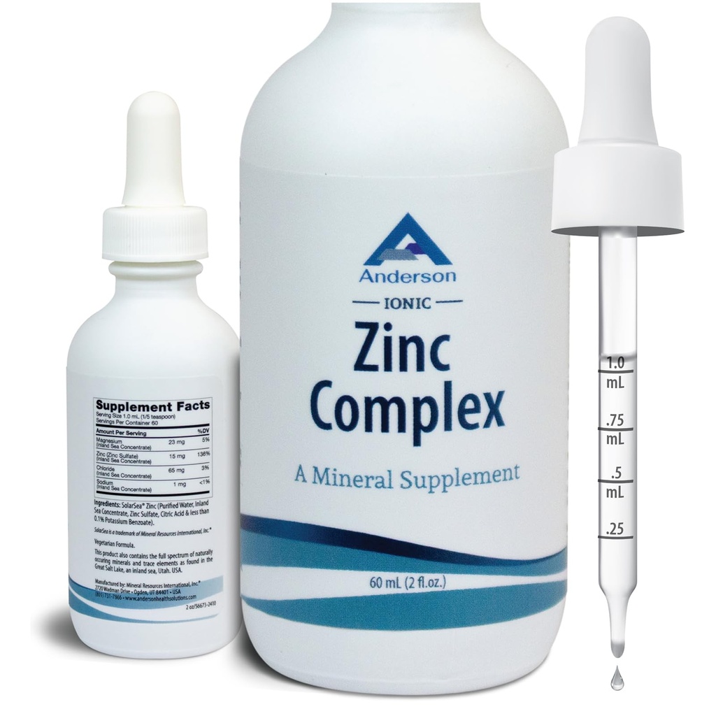 Anderson Ionic Zinc Complex, Liquid Drops for Immune Support, 15mg Zinc Sulfate per Serving, Balanced Trace Mineral Dietary Supplement for Women, Men, 60 Servings, 2oz Bottiglia