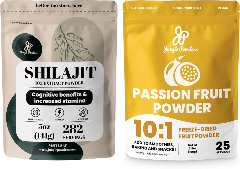Polvere di frutta della giungla Premium Duo: Polvere di frutta della passione di Shilajit 5oz & 3.5oz - Supporto per l'energia degli uomini, Boost immune, con polvere di frutta della passione di congelare per cuocere, Smoothies, estratto privo di additivi