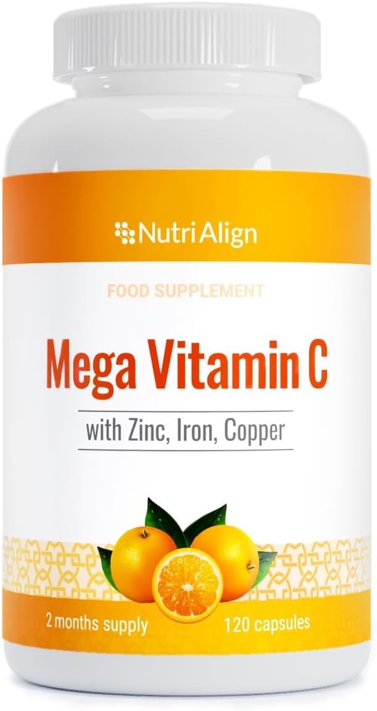 Nutri-Align Mega Vitamin C | 120 capsule di vitamina C 1000mg ad alta resistenza - Vitamina C e Zinco, Ferro e Rame Supplemento | VIT C Integratori | Gluten & Sugar Free | Potente Antiossidante