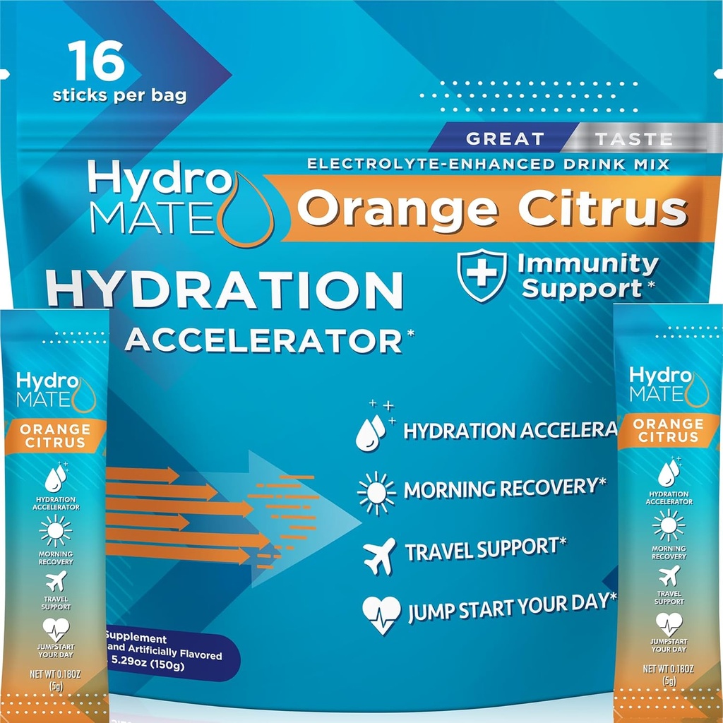 HydroMATE Electrolytes Polvere con basso zucchero - 16 pacchetti di idratazione istantanea con vitamina C arancione per aumentare l'energia - Low Sugar Electrolytes Powder Packets per sostenere l'idratazione per il recupero di partito veloce