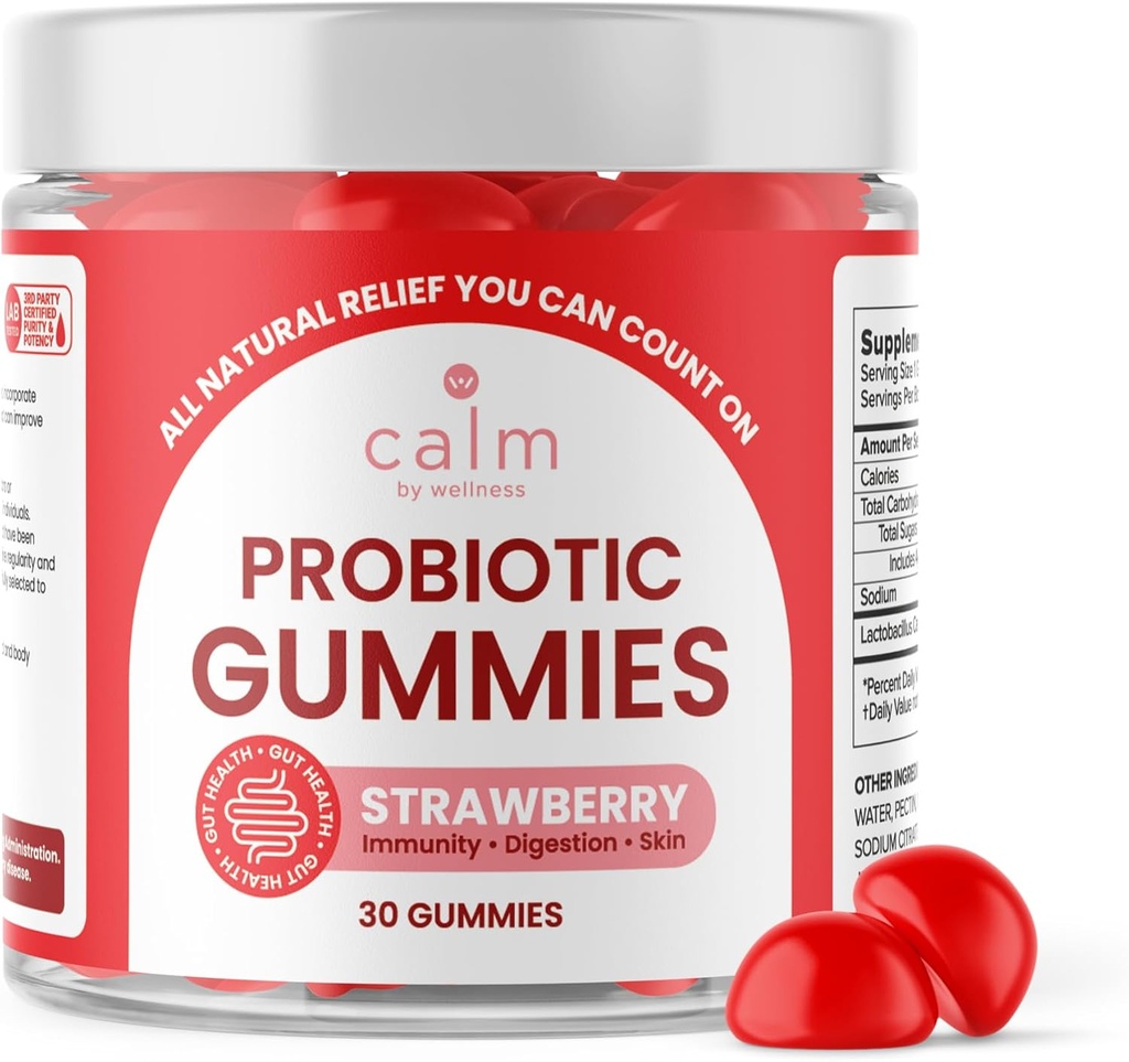 Calma da benessere Probiotici Gummies, Fragola aromatizzata, All-Natural Vegan Probiotici per adulti, 10 miliardi di CFU, Probiotico per Regolarità Digestiva, Immunità, Salute della Pelle e Salute Gut