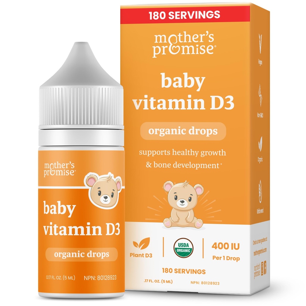 Gocce di vitamina D organica della madre | 100% basata sull'impianto | Crescita sana e sviluppo di ossa | Età Neonato+ | 180 Serve | Baby Vitamin D3 Liquido per neonati e bambini | 400 IU per i bambini