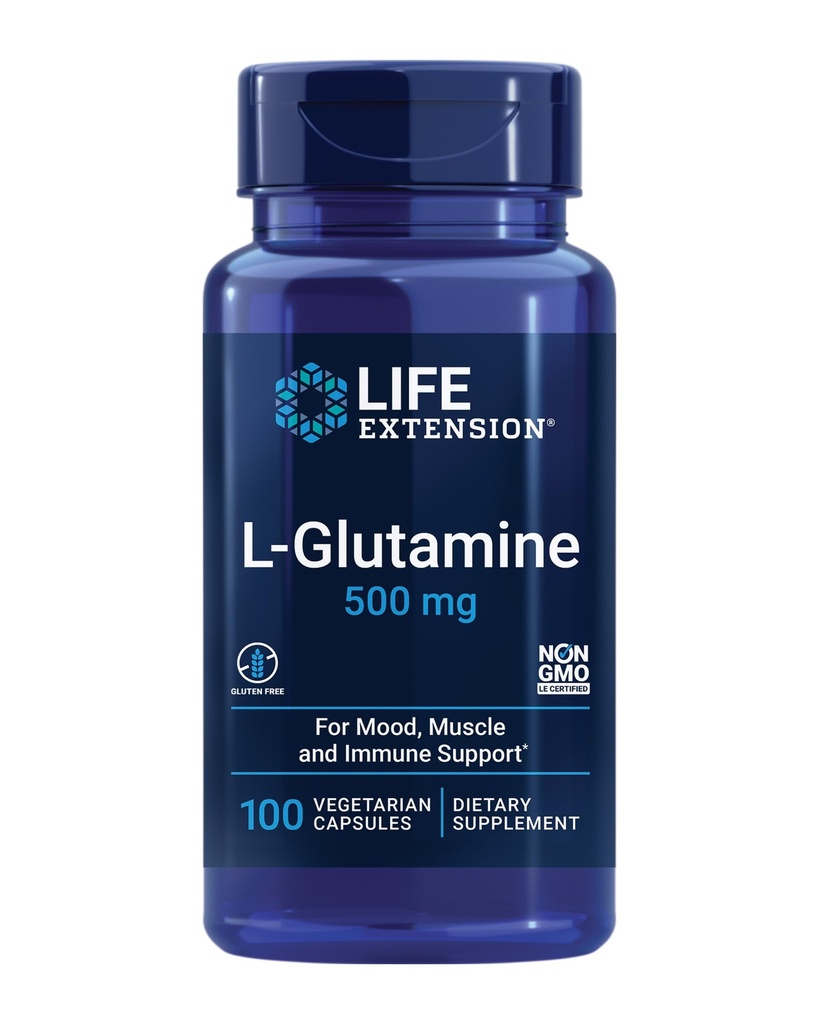 Estensione della vita L-Glutamina, 500 mg L-glutamina, Aminoacido, Supporta la salute muscolare e la salute immunitaria, senza glutine, non OGM, 100 capsule vegetariane