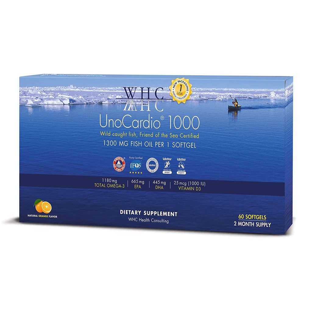 WHC, UnoCardio 1000 Fish Oil, 1300 mg di Pure Triglyceride Fish Oil con Omega-3 (1180 mg), 665 mg EPA e 445 mg DHA e 25 mcg (1000 IU) Vitamina D3 per softgel, Arancio naturale, 60 softgel