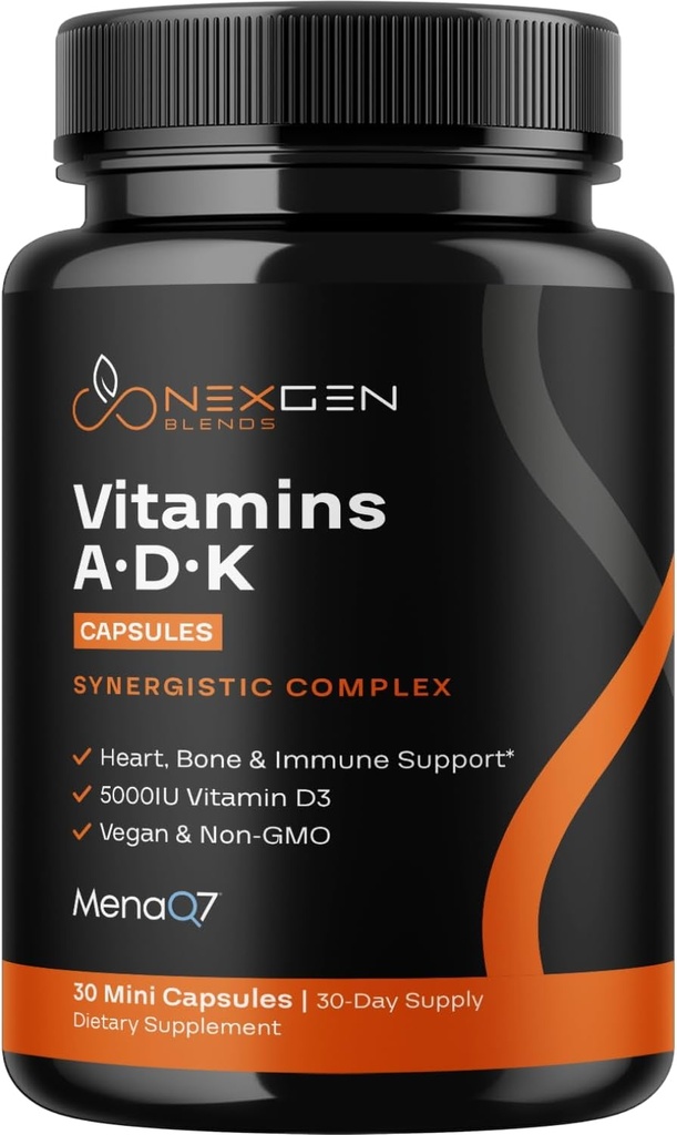 Integratore di vitamina ADK ad alto assorbimento - Vitamina D3 K2 MK7 & A Vegan per il regolamento di calcio Plus Bone Heart Thyroid & Supporto immunitario - Vitamina ADK con 5000IU D3 Non OGM & Gluten Free (1 Mesi)