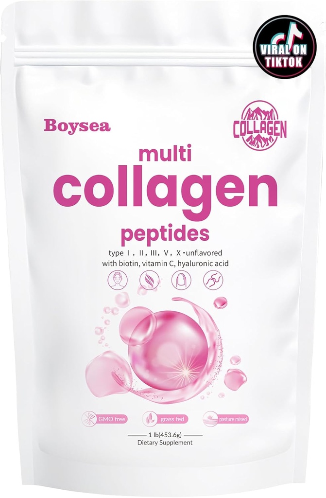 Boysea. Polvere di peptidi multi-collageno - Tipi di peptide proteico idrolizzato I, II, III, V, X con Biotin & Vitamina C, Supporta pelle, capelli, unghie, e Joint, non aromaed, non-OGM, senza glutine, semplice miscela 1LB