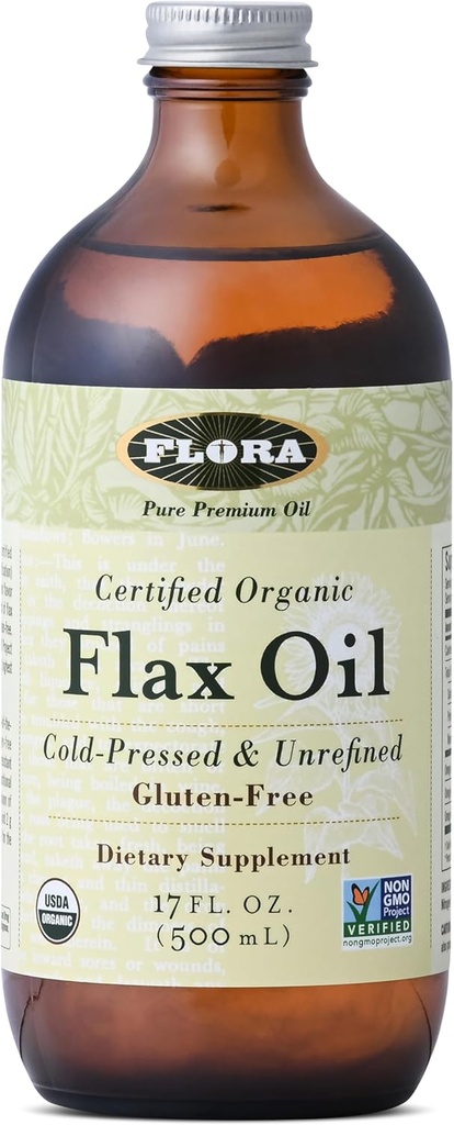 Flora - Olio di Flax - Pressed a freddo, non raffinato, olio di semi di lino biologico - Contiene Omega-3 & Omega-6 - Non OGM & Gluten-Free - Tenere Chilled - 17 fl. oz.