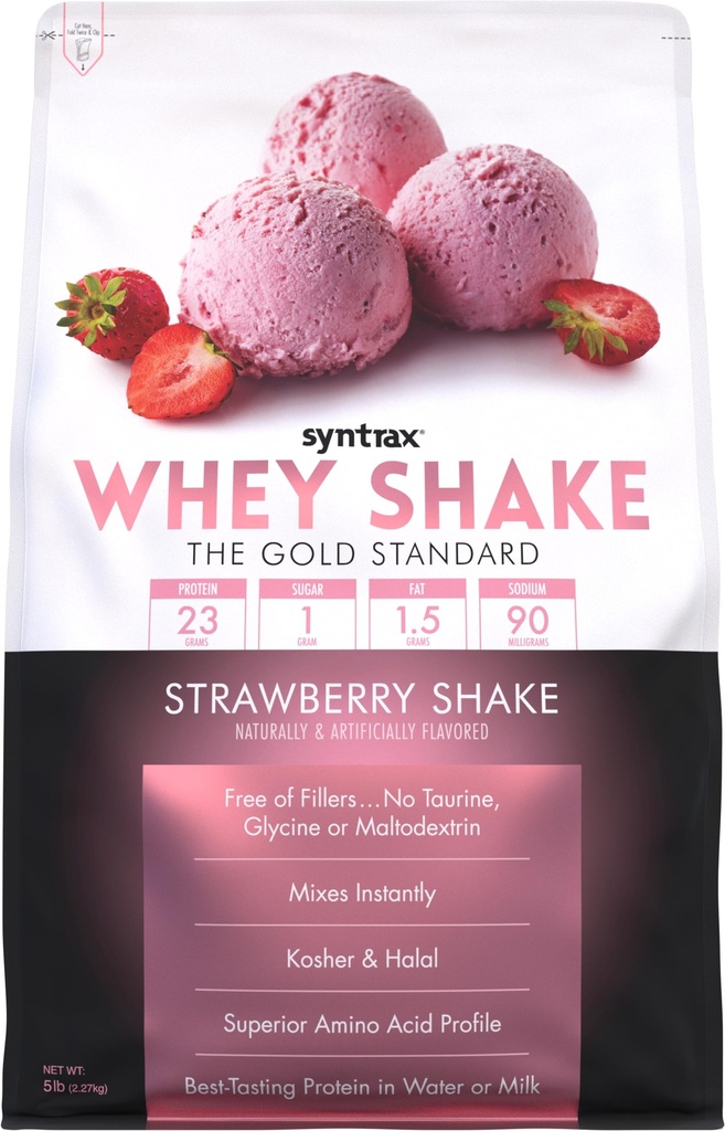 Syntrax Nutrition Whey Shake, miscela di proteine del siero di latte filtrato a freddo e non denaturato, Shake di fragole, 5 lbs