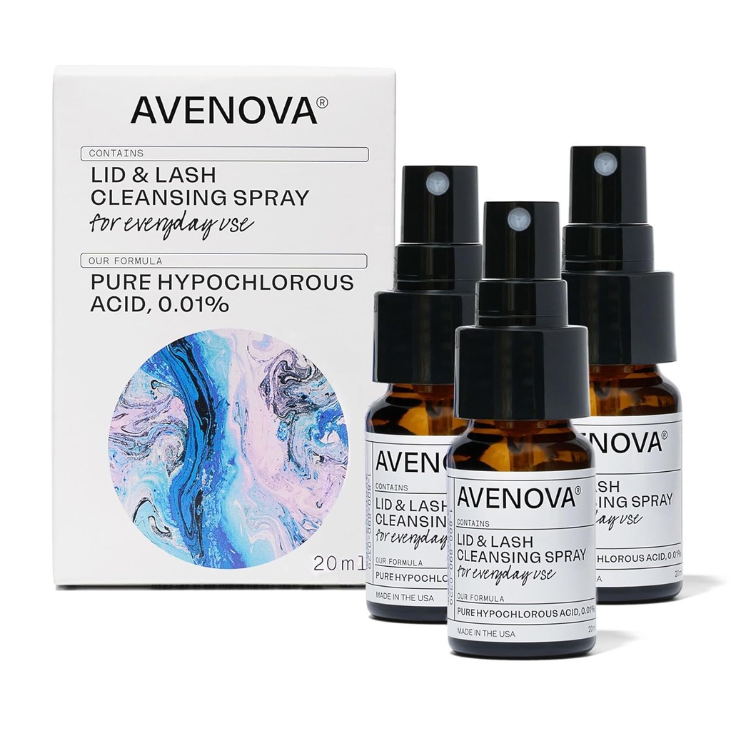 Avenova Eyelid and Eyelash Cleanser Spray 3 Pack – Gentle Everyday Lid acido ipocloruro e Lash Cleansing Spray per occhi più chiari e più sani, 60mL (2.04oz)