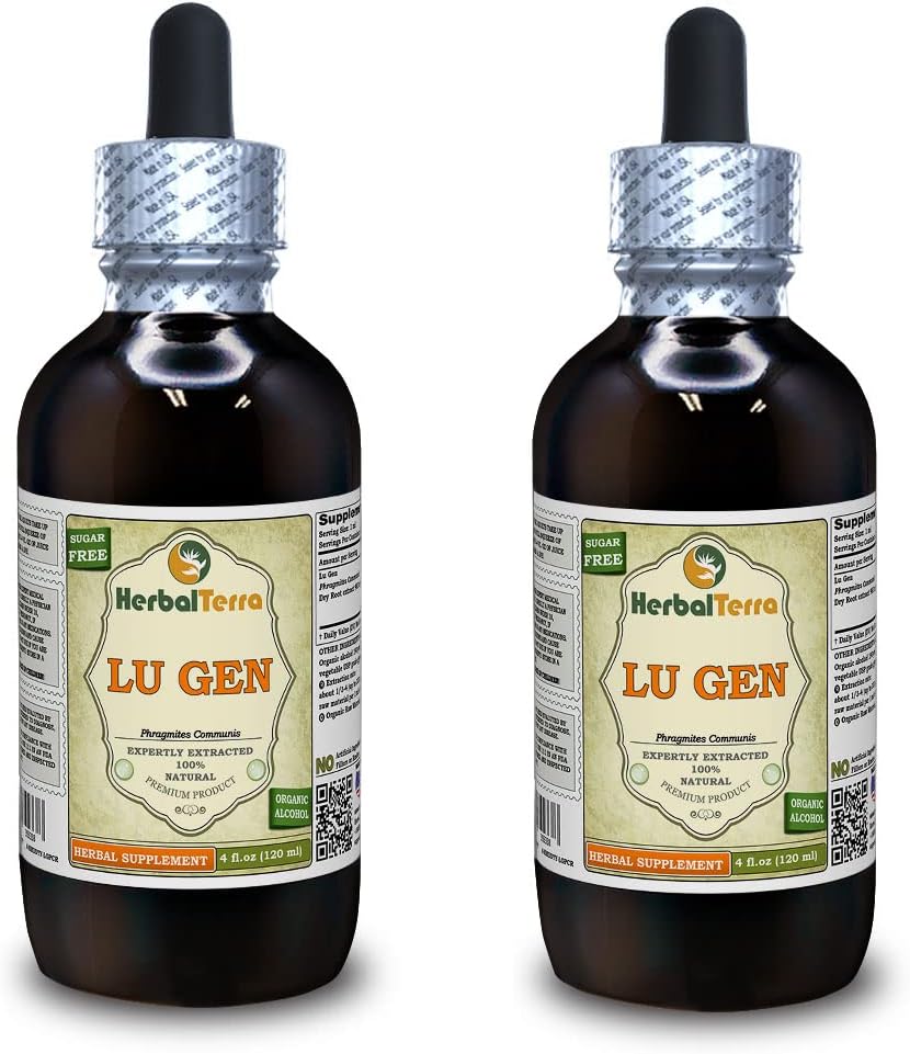 Lu Gen, Reed (Phragmites Communis) Tincture, Estratto liquido di radice secca (Nome: HerbalTerra, Proudly Made in USA) 2x4 fl.oz (2x120 ml)