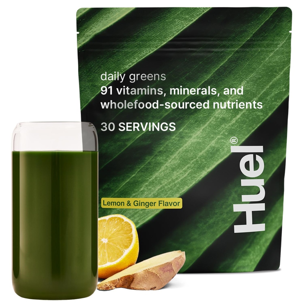 Huel Daily Greens Lemon & Ginger | Superfood Greens Powder | 91 Vitamine, Minerali e ingredienti integrali | Adaptogens, Antiossidanti, Probiotici Gut-Friendly | 30 Serve