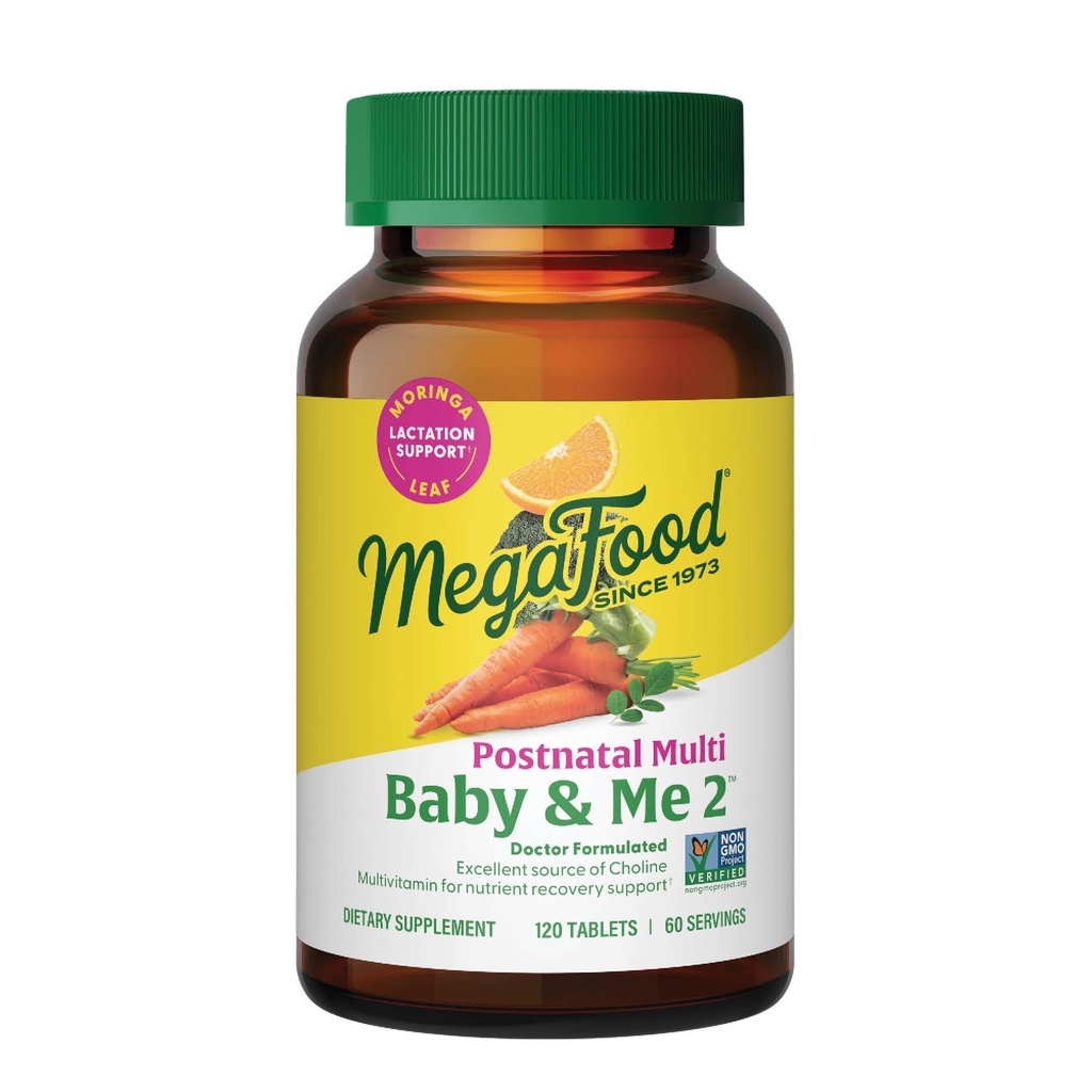 MegaFood Baby & Me 2 Vitamine postnatali per le donne che allattano con Folate (Folic Acid Natural Form), Choline, Iodine, Vitamina D, Moringa Foglia e Altro - 120 Tab (60 Serve)