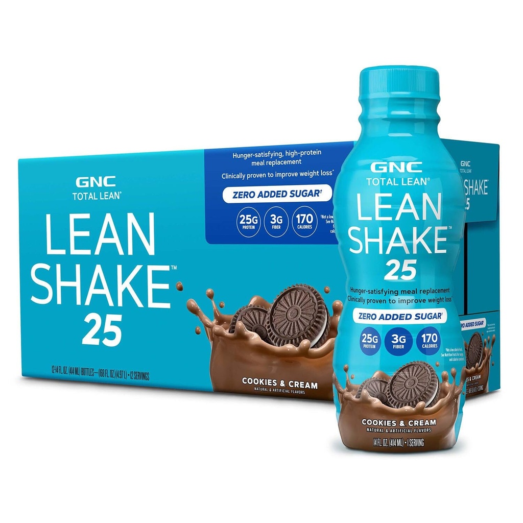 GNC Lean Shake 25 Protein Shake, Clinically Proven Weight Management, Meal Sostituzione, 25g Protein con Zero Aggiunto Zucchero, Pronti a Bere, Biscotti e Crema, Confezione da 12