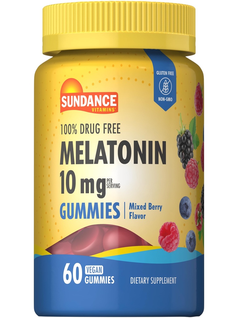 Sundance Melatonin 10mg Gummies per adulti | 60 Count | Frumento misto di bacche | Vegan, Non OGM e Gluten