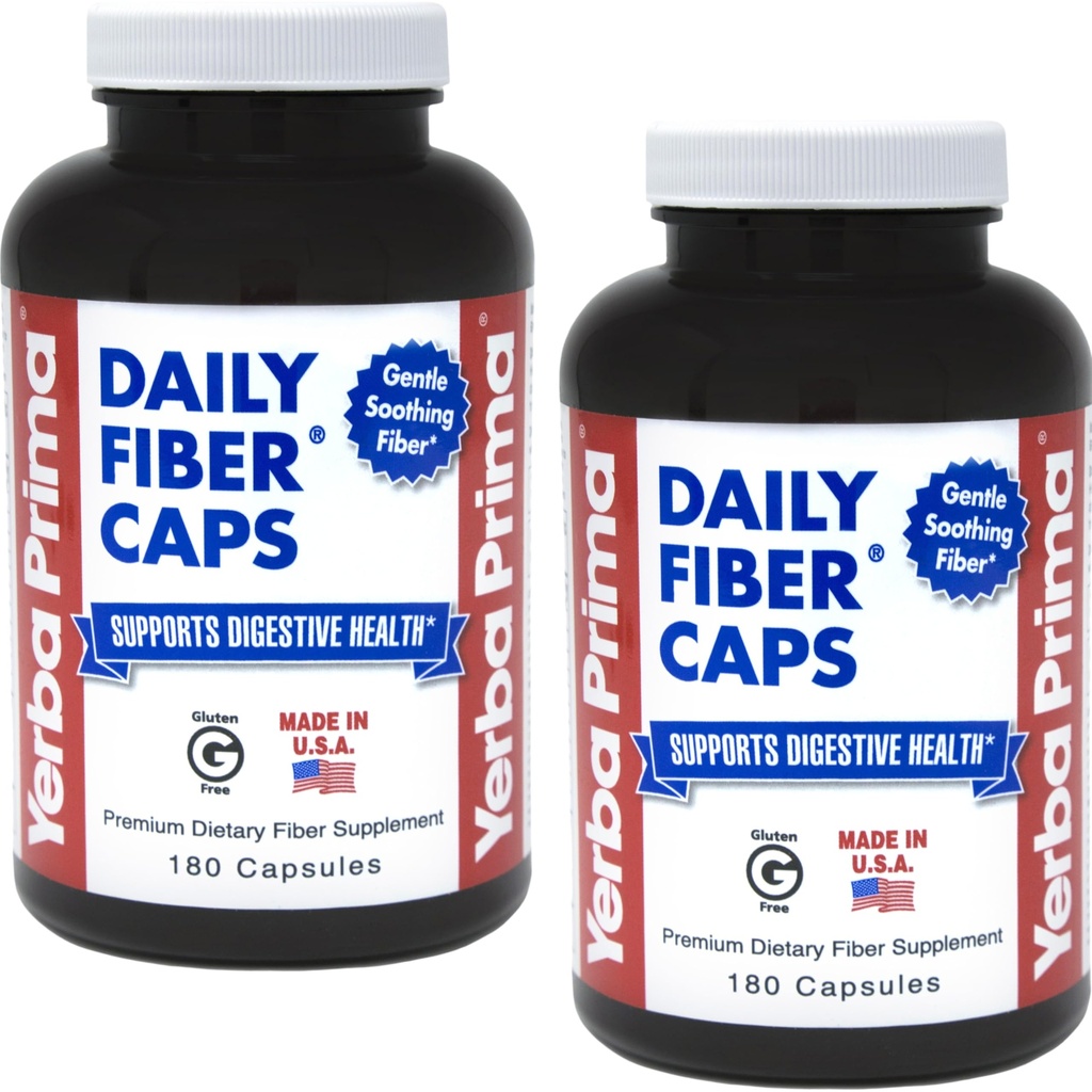 Yerba Prima Daily Fiber Formula - 180 caps (Pack of 2) - Solubile e Insolubile supplemento di fibra alimentare - Pulire il colon - Gut Health - Vegan, Non OGM, Senza glutine