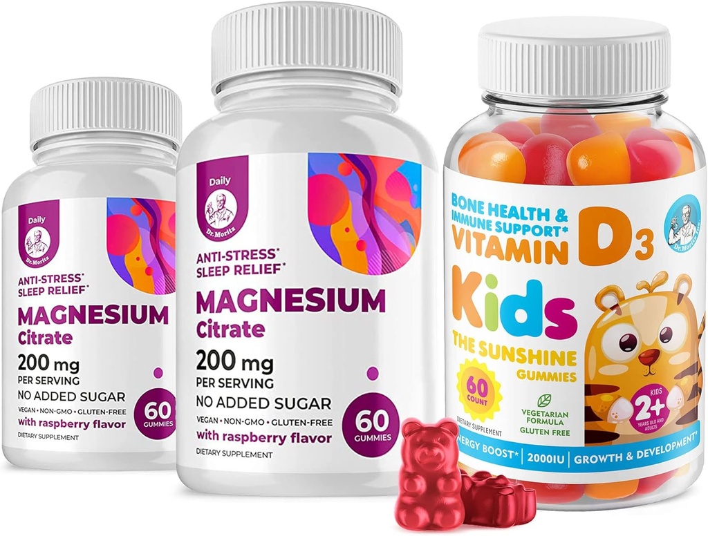 Vitamina D Gummies per Kids&Adults 2000 IU e Magnesio Gummies - sana vitamina D3 Integratori 1000IU - Supporto Immune Gelatino-Free Vegetariano con Zucchero-Free Magnesium Calm Chews for Kids&Adults