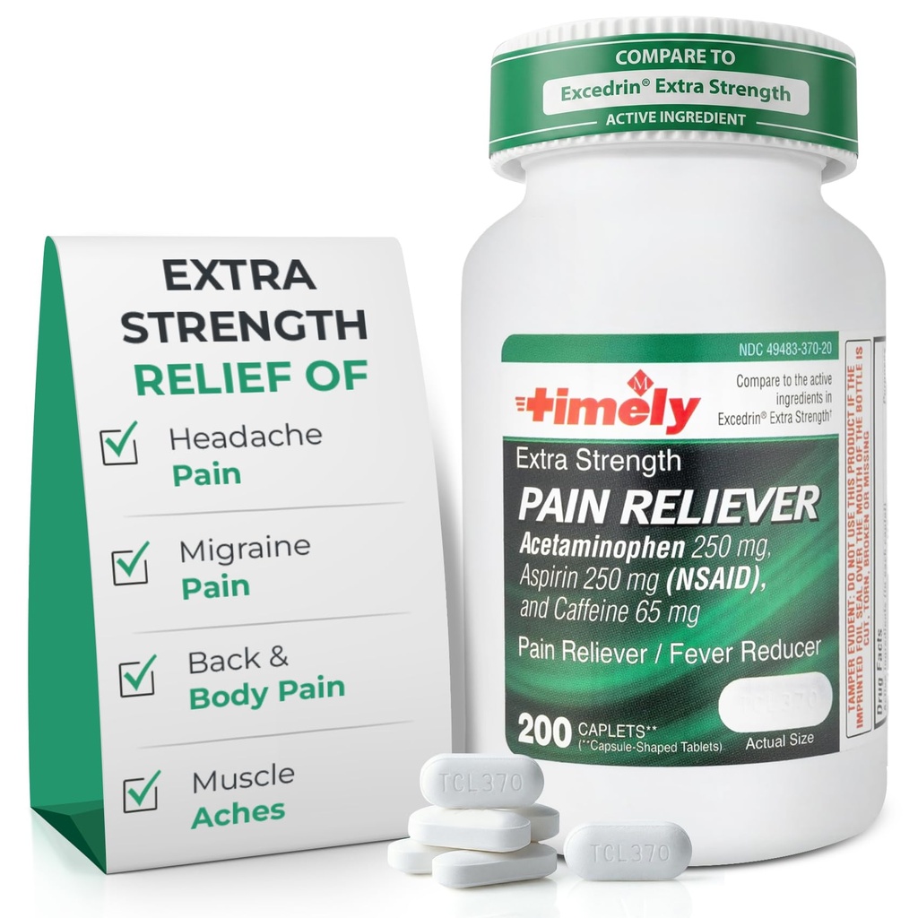 TIME-CAP Los Angeles, INC. Rilievo di mal di testa Timely Extra Strength - Acetaminophen with Aspirin & Caffeine (200 Caplets) - Headache, Migraine & Back e Body Pain & Muscle Aches - Extra Strength - Made in USA