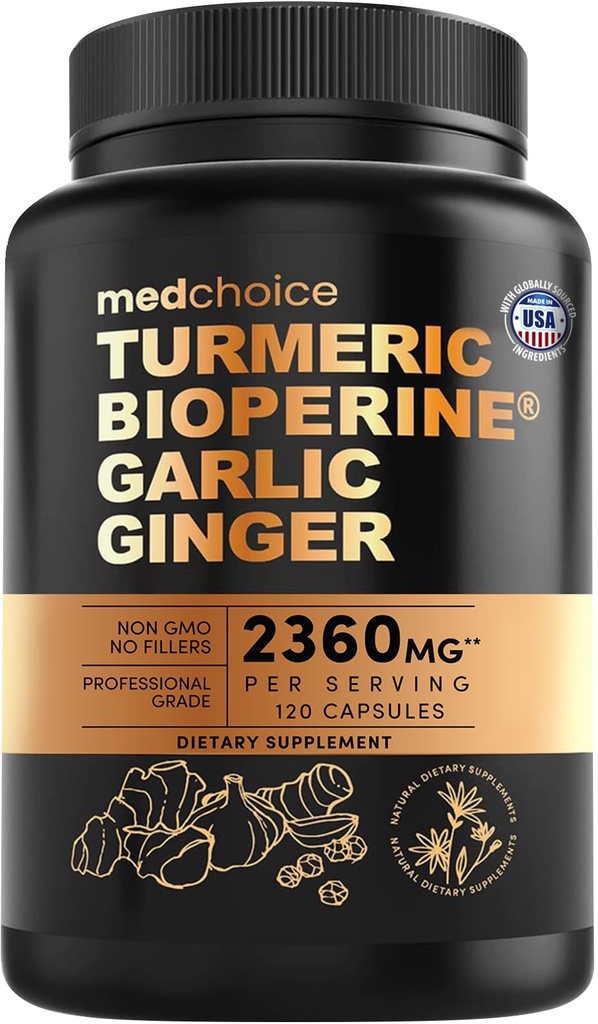 4-in-1 Integratori Turmeri e Aglio con BioPerine – 2360mg Turmeric Ginger Root Capsule con Aglio – Alto Potency Herbal Blend (120 ct)